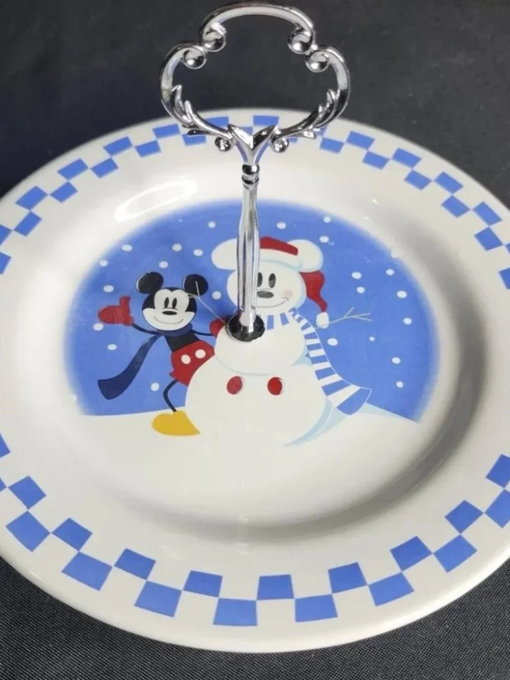 Disney Mickey Mouse Snowman Upcycled Tiered Serving Tray Valet